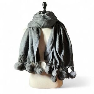 Luxury Grey Wool Fur Blend Scarf with Pom Pom Tassels
